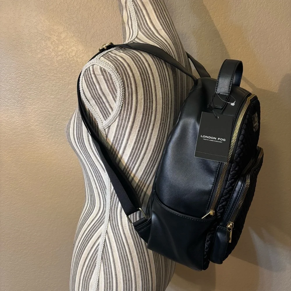 NEW London Fog Backpack Marion Nylon Quilted Black Gold Hardware Classic NWT